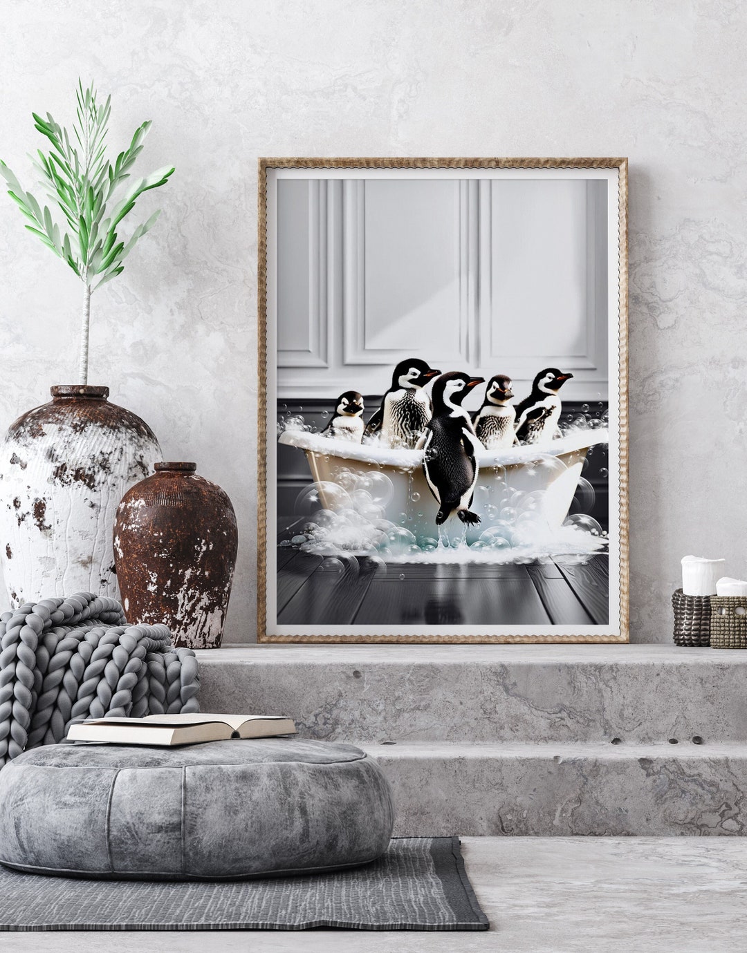Black and White Animal Bathroom Prints | Cute Penguins Taking a Bath ...