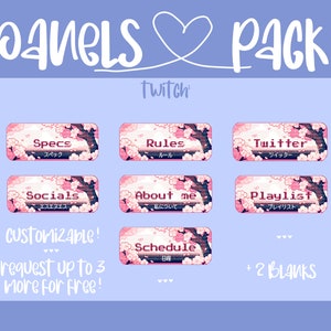 CUSTOMIZABLE | Cherry Blossom Aesthetic Sakura Twitch Stream Panel Pack with EN/JP Text | Pixel Art | 7 + 3 Custom Panels