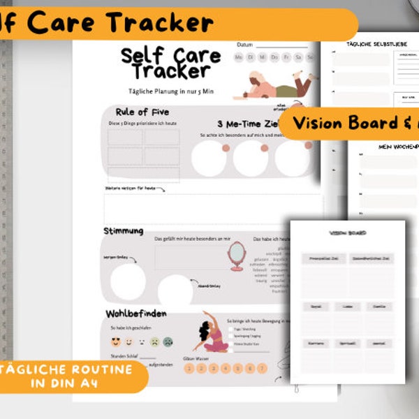 Self-Care Tracker: Täglicher Wohlfühl-Planner für Mütter, DIN A4, Me-Time, Rule of Five, To-Dos, Stimmungs- & Trink-Tracker, Vision Board