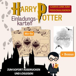 Cartes d'invitation Harry Potter – carte d'anniversaire magique à télécharger | Modèle Canva | Personnalisable | Format A5 + invitation bonus