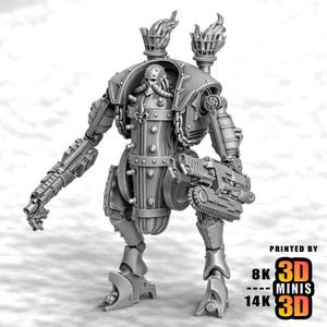 May include: A gray, 3D-printed miniature robot with a detailed, mechanical design. It features a helmet, a weapon, and two torch-like structures on its back. The text "PRINTED BY 8K 3D MINIS 14K 3D" is visible.
