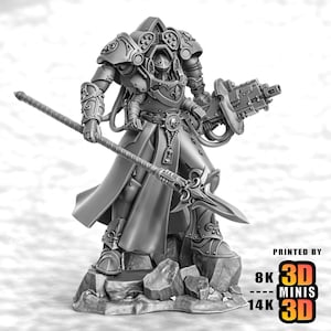 Puede incluir: Figura en miniatura gris y detallada de un guerrero con armadura ornamentada, sosteniendo una lanza y un arma futurista. La figura está sobre una base rocosa. El texto "PRINTED BY 8K 3D MINIS 14K 3D" es visible.