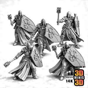 Peut inclure: Cinq figurines miniatures grises de chevaliers en armure, chacune tenant une masse et un bouclier. Les boucliers présentent un emblème décoratif. Les figurines sont dans diverses poses d'action, suggérant une scène de bataille. Le texte "PRINTED BY 8K 3D MINIS 14K 3D" est visible.