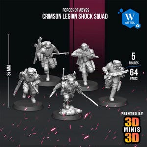 May include: A set of five grey miniature soldier figures titled Forces of Abyss Crimson Legion Shock Squad. Each figure stands on a circular base, measures 35 mm in height, and features detailed armor, helmets, and weapons. The set includes 64 parts.
