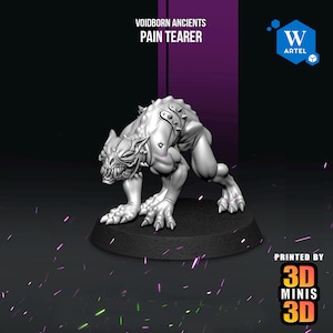 May include: A grey miniature creature figurine titled Voidborn Ancients Pain Tearer, featuring a hunched, muscular, beast-like form with sharp teeth, a spiked collar, and textured skin, mounted on a circular black base with printed text.
