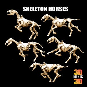 Puede incluir: Cinco figuras de caballos esqueleto en miniatura con sillas de montar, sobre un fondo negro. El texto "SKELETON HORSES" está en la parte superior. El texto "3D MINIS 3D" está en la esquina inferior derecha.
