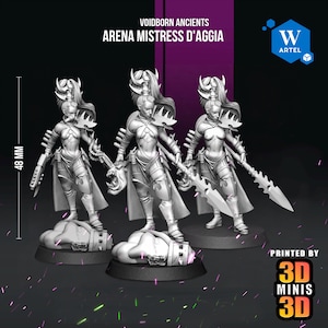 May include: Three grey resin miniature figures titled Voidborn Ancients Arena Mistress D'Aggia, each standing 48 mm tall on a circular base. The figures feature detailed armor, long hair, and weapons, with one holding a severed head accessory.