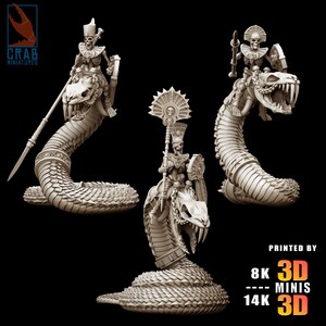 May include: Three detailed 3D-printed miniatures of skeletal figures riding serpent-like creatures. Each figure is adorned with ornate headwear and weaponry. The miniatures are in a neutral colour, with the text "PRINTED BY 8K 3D MINIS 14K 3D" visible.