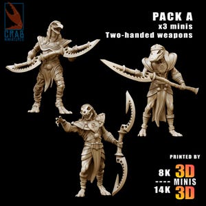 Puede incluir: Tres figuras en miniatura con cabezas de pájaro y armas a dos manos. Las figuras están en posición de pie, con armadura y armamento detallados. El texto "PACK A x3 minis Two-handed weapons" es visible. Impreso por 8K 3D y 14K 3D.