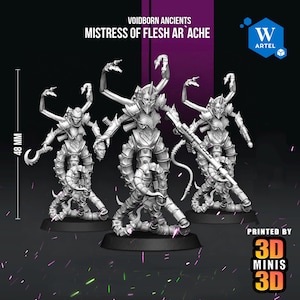 May include: Three white miniature figurines titled Voidborn Ancients Mistress of Flesh Ar`ache, each featuring a humanoid torso with multiple arms, a spiked helmet, and a segmented tail base. A scale indicates a height of 48 mm for the models.