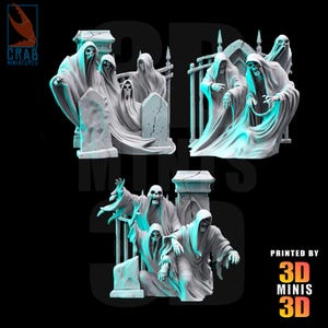 May include: A collection of 3D-printed miniature figures of spectral figures, including ghosts and skeletal beings, in flowing robes. The figures are posed near tombstones and fences, with a teal glow effect. The figures are designed for tabletop gaming.