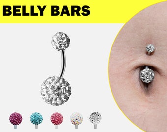 Titanium Curved barbell Shiny Belly Rings Disco Ball Crystals - 14G (1.6mm) Navel Ring Belly Button Jewelry, Crystal Ring, British Standard