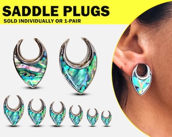Ear Stretching Saddle Plugs Flesh Tunnel Earrings with Abalone Shell - Reversible Saddle Spreader