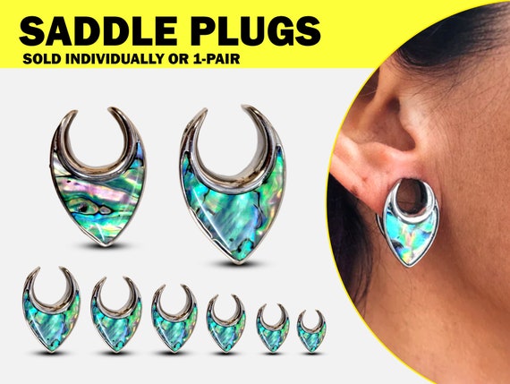 Ear Stretching Saddle Plugs Flesh Tunnel Earrings with Abalone Shell - Reversible Saddle Spreader