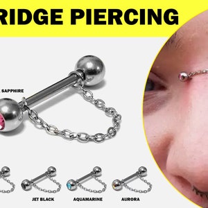 Nose Chain Piercing, Nose Bridge Stud with Gem Ball Crystal - High Nostril Piercing Jewelry Titanium Barbell Piercing 16G 14G