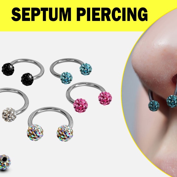 Titanium Septum Horseshoe barbell CBB/CBR with Disco Ball CZ Crystals 18G 16G 14G Septum Jewelry, Helix Ring, Lip Ring, Lip Hugger