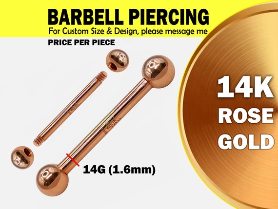 14K Rose Gold Tongue Barbell Piercing Jewelry 14G Barbell Piercing for Nipple Jewelry, Tongue Jewelry, Nose Bridge