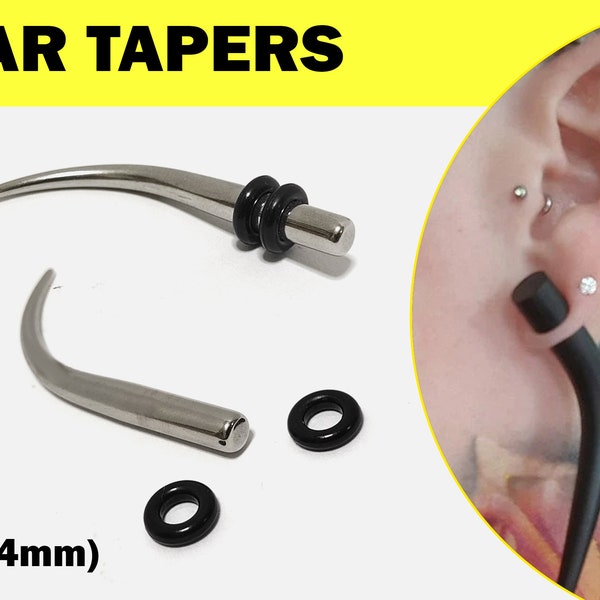 Kit de estiramiento de orejas, pendientes cónicos de garra de titanio 6G (4 mm) con tapones de perforación corporal de junta tórica de goma, medidores de oreja, camillas