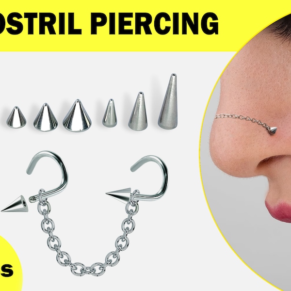 Titanium Spike Nostril Screw 2pcs with Chain - Custom size Cone/Spike Nose Stud Body Piercing Nostril Jewelry Nasal Piercing - Short or Long