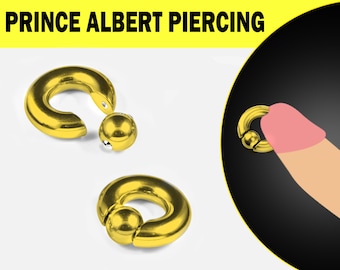 Gold Prinz Albert Piercing, Prinz Albert Schmuck, PA Ring - Captive Bead Ring, Captive Prince 8G bis 00G mit Federballverschluss