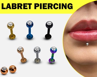 Lip Labret Lip Jewelry Titanium Labret Stud with Clear Gem CZ Crystals 18G 16G 14G Body Piercing Tragus, Ashley Piercing, Medusa Jewelry