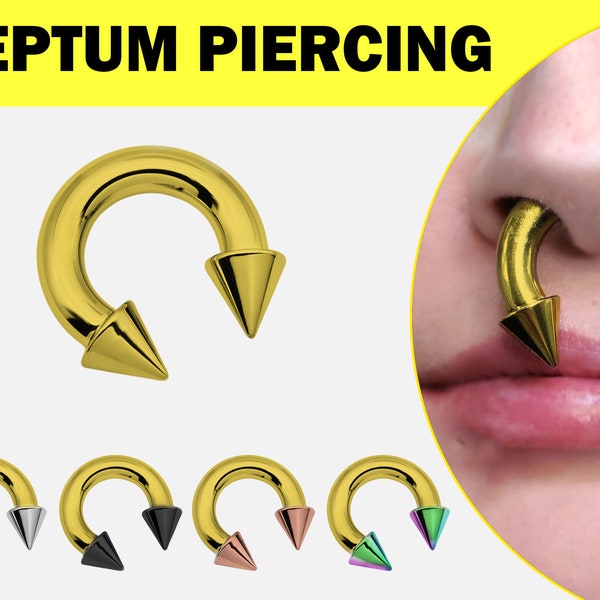 Gold Spike Septum Piercing Internally Threaded Horseshoe Barbell CBB/BCR Big Gauge Septum Ring, PA Ring Combination - British Standard