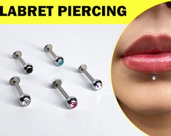 Labret Lip Piercing Titanium Flat Lip Jewelry with Gem CZ Crystals 18G 16G 14G Tragus Earring, Snake Bites, Medusa Piercing, Ashley Piercing