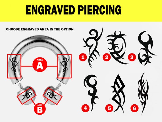 Tribal Engraved Septum Piercing Horseshoe Barbell CBB/BCR 2G to 00G Big Gauge Septum Ring, PA Ring, Lip Ring, British Standard