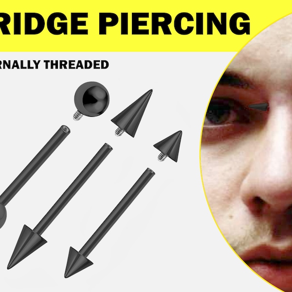 Black Spike Nose Bridge Piercing Jewelry, High Nostril Jewelry - Titanium Internally Threaded Barbell Earrings Cone or Spikes Body Piercing