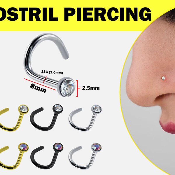 Silver/Gold/Black Nose Stud Nose Piercing - 18G (1.0mm) Titanium Nostril Jewelry with Bezel Set Crystals Available in many Colors Length 8mm