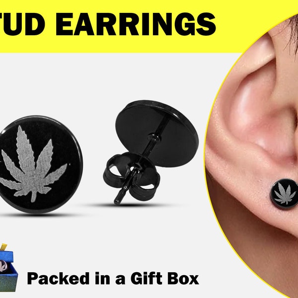 Black Stud Earrings with Ganja Leaf Design, Fake Plugs, Fake Ear Gauges, 10mm Men's Studs - Packed in a Gift Box