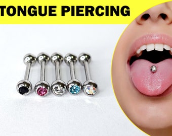 Tongue Piercing Titanium Barbell Earrings Straight Barbell with Single Gem CZ Crystals 18G 16G 14G Industrial Jewelry, Bridge Barbell