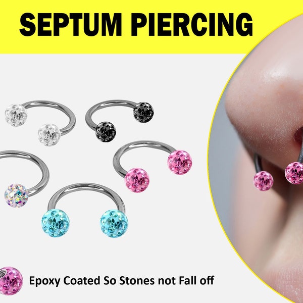 Septum Ring, Titanium Horseshoe Septum Jewelry with Epoxy Coated CZ Crystal Ball - Nose Piercing, Nose Ring