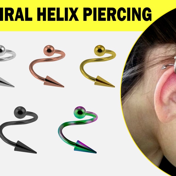 Titanium Helix Spiral Piercing with Ball and Spike in many Colors - 16G 14G Lip Ring, Belly Ring, Cartilage Earring, Conch Hoop, Twisted bar