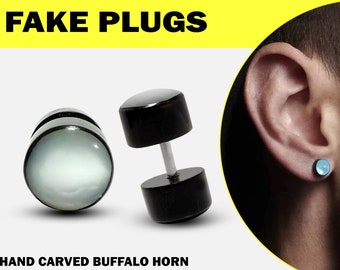 Plug Fake Horn Earrings with Mother of Pearl - Ear Piercing Faux Plugs - Hand Carved Buffalo