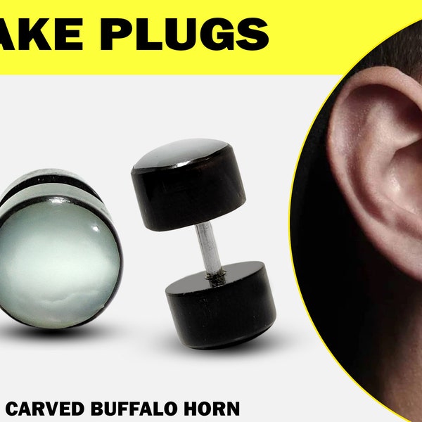 Plug Fake Horn Earrings with Mother of Pearl - Ear Piercing Faux Plugs - Hand Carved Buffalo