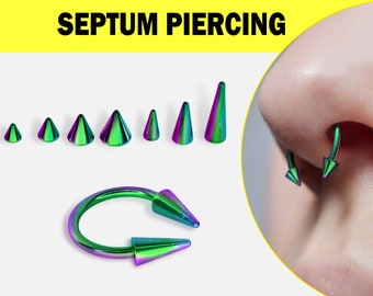 Spike Septum Ring, Rainbow Nose Ring - Titanium Piercing 18G 16G 14G CBB/CBR Horseshoe Barbell - Choose Spike or Cone Sizes You Want