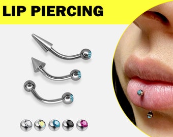 Vertical Labret Jewelry Piercing, Curved Barbell - Titanium Lip Jewelry with Gem Ball, Spike and Cone - Body Piercing 18G 16G 14G
