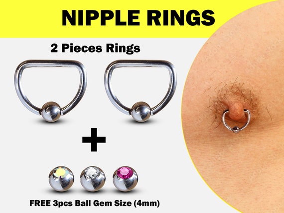 Titanium D-ring Nipple Jewelry, 2 pieces Nipple Rings with Free Gem Balls size 4mm - Captive nipple hoops 16G 14G Body Piercing