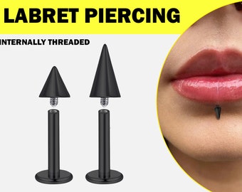 Black Spike Labret Stud, Lip Jewelry - Titanium Flat Back 16G 14G Labret Internal Threading Cone/Spike Lip Ring, Side Labret