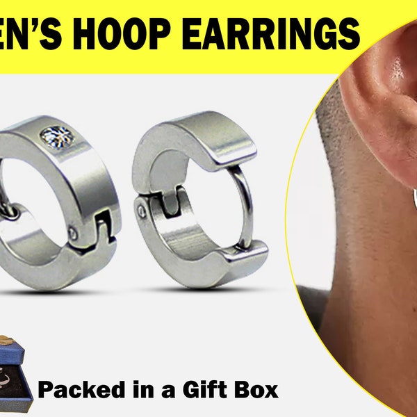 Men's Fashion Hoop Earrings, Plain Huggie hoop with CZ Crystals - Stainless Steel Hoops Earrings for Men - 1 Pair Packed in a Gift Box