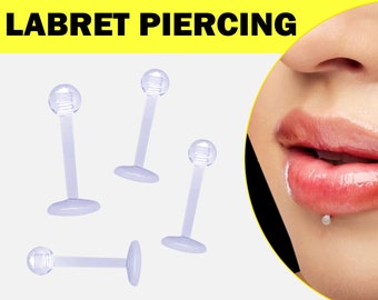 Lip Piercing 16G Labret Retainer Flexible Transparent Piercing for Hiding - Available in many Sets - Body Piercing Lip Jewelry, Tragus, Ear