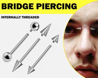 Spike Nose Bridge Piercing Jewelry, High Nostril Jewelry - Titanium Internally Threaded Barbell Earrings Cone or Spikes Body Piercing