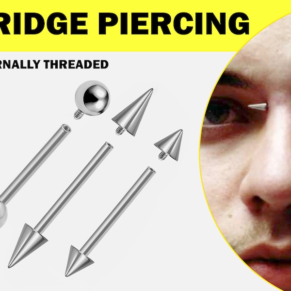 Spike Nose Bridge Piercing Jewelry, High Nostril Jewelry - Titanium Internally Threaded Barbell Earrings Cone or Spikes Body Piercing