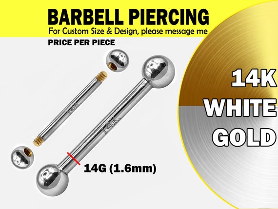 14K White Gold Tongue Barbell Piercing Jewelry 14G Barbell Piercing for Nipple Jewelry, Tongue Jewelry, Nose Bridge