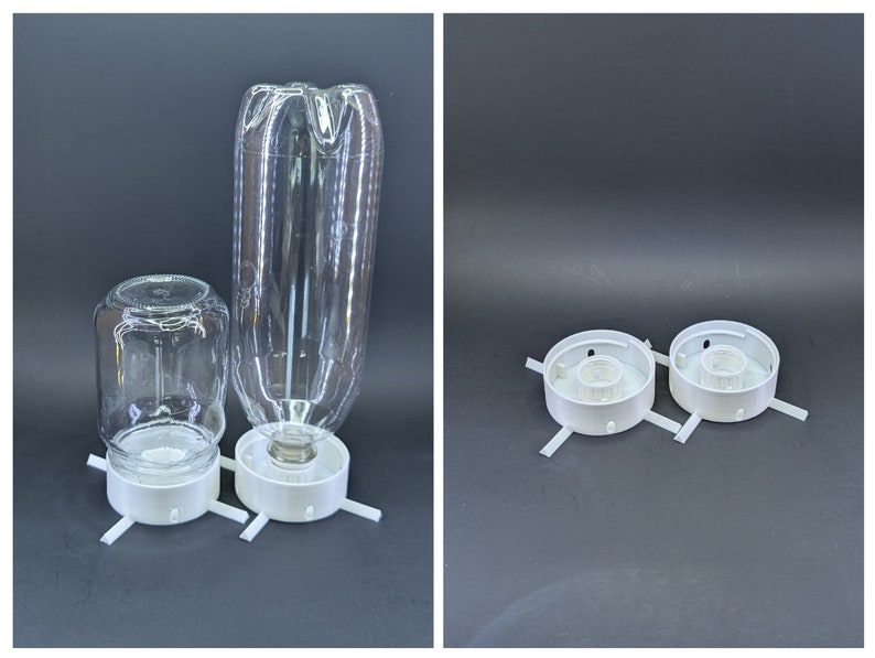 May include: Two white plastic bases with four arms each, designed to hold glass jars or bottles. One base is holding a clear glass jar and the other is holding a clear plastic bottle.