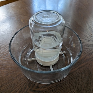 May include: A clear glass jar with a white plastic base sits inside a clear glass bowl on a wooden surface.