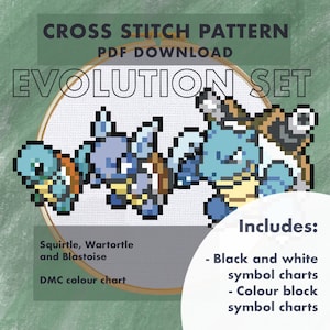 Conjunto de evolución, Squirtle, Wartortle, Blastoise, patrones de punto de cruz, escuadrón Squirtle, Pokémon inicial, retro, Pokémon de primera generación, primera generación, coser