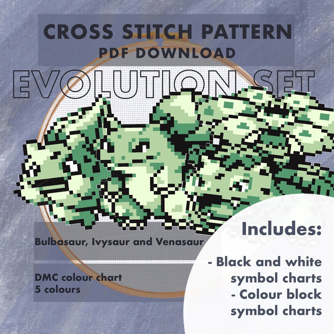 Bulbasaur Evolutionary Set, Cross Stitch, Starter Pokemon, Pattern ...