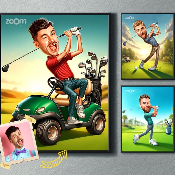 Aangepaste golfer cartoon portret, golfcadeaus voor mannen, grappige golfer karikatuur, golfcadeaus, golfcadeau, golfer cartoon, karikatuur van foto